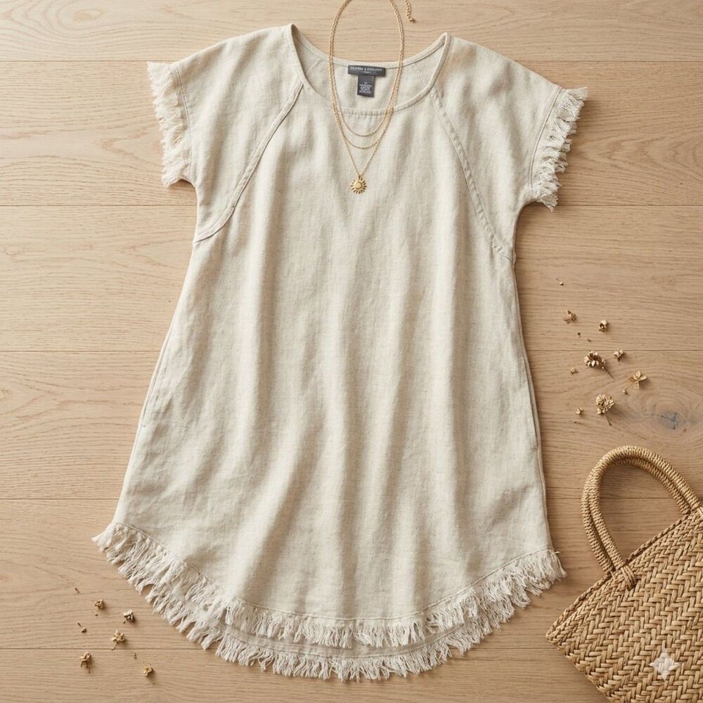 Chelsea & Theodore Linen Blend Fringe Tunic Shift Dress
